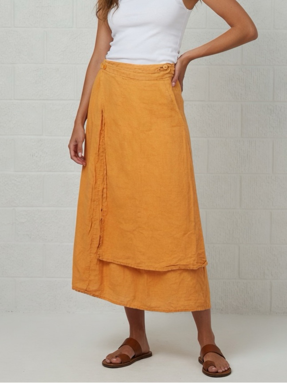 Eileen Fisher Linen Lightweight Orange Midi Wrap Skirt
